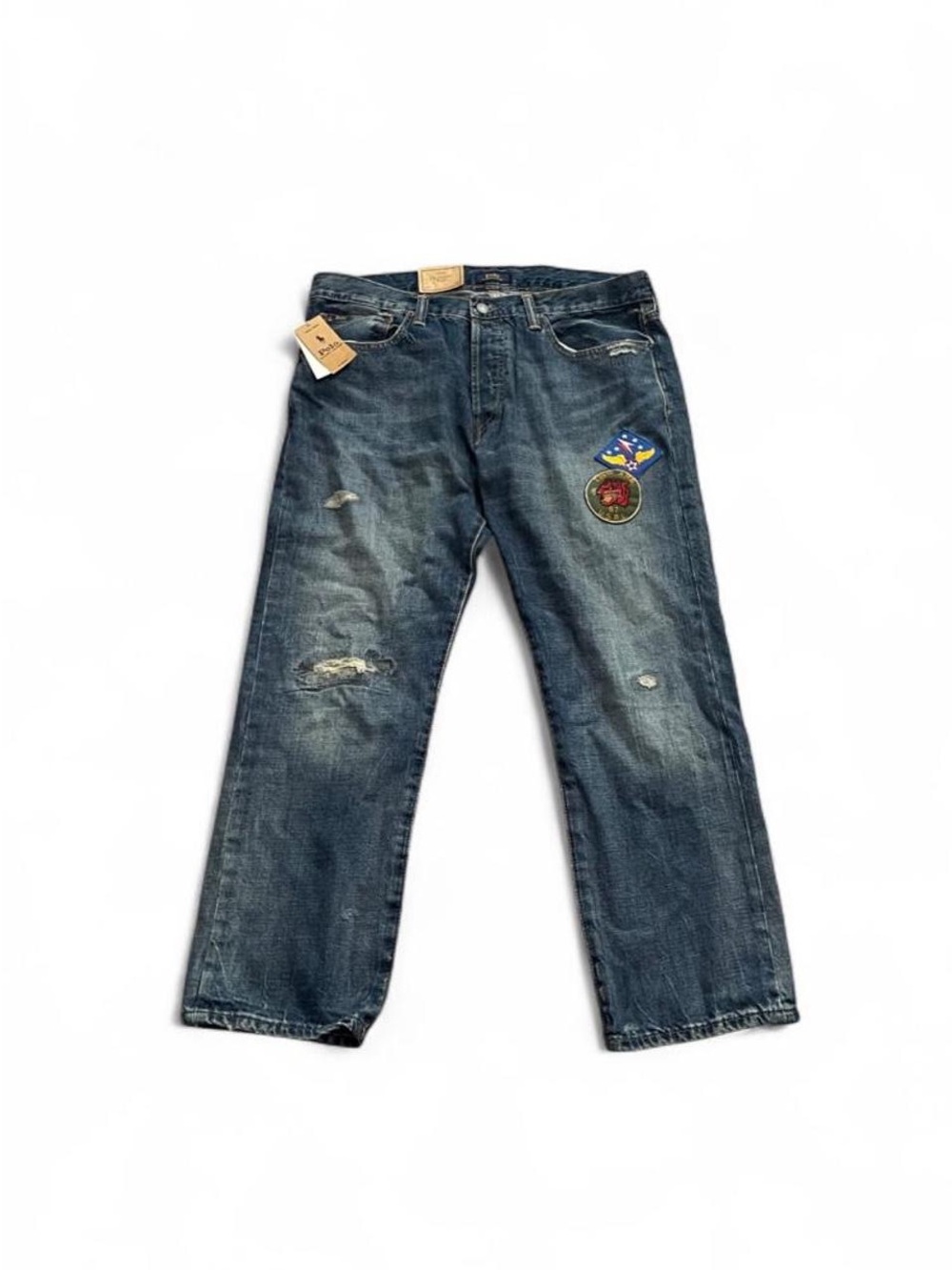 NWT Polo Ralph Lauren Mens Denim Jeans 35x30 Classic Fit Military Tiger Patches